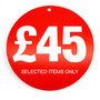 £45 Round Hanger Tickets 100mm Red Sale Tags “Selected Items Only” (Pack of 100), close product view on a white background