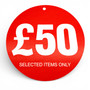 £50 Round Hanger Tickets 100mm Red Sale Tags “Selected Items Only” (Pack of 100), close product view on a white background