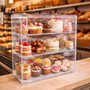 3 Tier Acrylic Bakery Display Case Stand for Cakes Cupcakes Vapes Clear, product shown against a coloured background