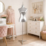 Luxury Silver Female Mannequin Torso with Adjustable Height Metal Stand, product shown against a coloured background
