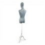 Premium Grey Velvet Female Plastic Torso with Adjustable Height Wooden Stand