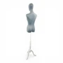Premium Grey Velvet Female Plastic Torso with Adjustable Height Wooden Stand, full-height product view on a white background, gallery image 11 of 16