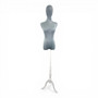 Premium Grey Velvet Female Plastic Torso with Adjustable Height Wooden Stand, full-height product view on a white background, gallery image 14 of 16