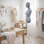Premium Grey Velvet Female Plastic Torso with Adjustable Height Wooden Stand