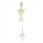 Premium Beige Velvet Female Plastic Torso with Adjustable Height Wooden Stand, full-height product view on a white background, gallery image 12 of 13