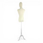 Premium Beige Velvet Female Plastic Torso with Adjustable Height Wooden Stand, full-height product view on a white background, gallery image 11 of 13
