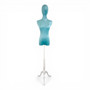 Premium Green Velvet Female Plastic Torso with Adjustable Height Wooden Stand, full-height product view on a white background