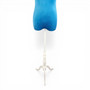 Premium Blue Velvet Female Plastic Torso with Adjustable Height Wooden Stand, full-height product view on a white background, full-height product photograph