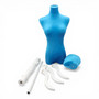 Premium Blue Velvet Female Plastic Torso with Adjustable Height Wooden Stand, full-height product view on a white background, balanced, centred square layout