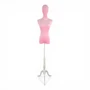Premium Pink Velvet Female Plastic Torso with Adjustable Height Wooden Stand, full-height product view on a white background