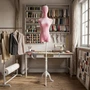 Premium Pink Velvet Female Plastic Torso with Adjustable Height Wooden Stand, product shown against a coloured background, standard product photograph