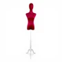 Premium Red Velvet Female Plastic Torso with Adjustable Height Wooden Stand, full-height product view on a white background