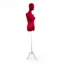 Premium Red Velvet Female Plastic Torso with Adjustable Height Wooden Stand, full-height product view on a white background, open, centred square layout