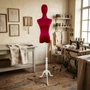 Premium Red Velvet Female Plastic Torso with Adjustable Height Wooden Stand, product shown against a dark background