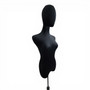 Premium Black Velvet Female Plastic Torso with Adjustable Height Wooden Stand, full-height product view on a white background, balanced, centred square layout