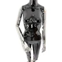 Premium Female Faceless Glossy Black Egg Head Mannequin with Chrome Arms & Base, base detail on a white background, evenly lit product image