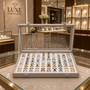 Luxury Rose Gold Leatherette Glass-Lid Ring Box for 100 Rings, product shown against a coloured background