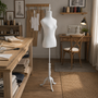 White Female Mannequin Torso with White Wooden Tripod Stand
