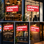 Opening Soon Poster 100cm x 35cm Red Retail Shop Window Sign, printed product shown against a dark background, balanced, centred square layout