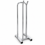 Chrome metal hanger stacker stand shown front-facing on a rectangular base with two upright rails.