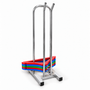 Chrome hanger stacker stand holding a bundle of multicoloured clothes hangers.