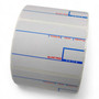 White thermal till roll shown from the front, with blue and red printed guide lines across the paper.