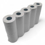 Five plain white thermal till rolls standing together in a row, with their dark cardboard cores visible.