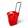 52L Red Plastic Trolley Basket w/ Wheels & Handle - Supermarket Retail Use, product shown on a white background, balanced, centred square layout
