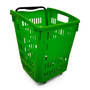 52L Green Plastic Trolley Basket w/ Wheels & Handle - Supermarket Retail Use, close product view on a white background, balanced, centred square layout