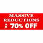 Red retail window poster displaying Massive Reductions with up to 70% off