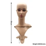 Female: Plastic Realistic Female Mannequin Head with Rotating Base, dimension guide against a light background