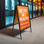 A1 Black A-Board Pavement Sign Double Sided Outdoor Poster Display A-Frame, printed product shown against a coloured background, balanced, centred square layout