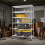 6-Tier Chrome Metal Storage Rack with Wheels, full-height product view against a dark background, balanced, centred square layout