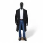 Glossy black male mannequin wearing a black coat, white shirt and jeans