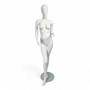 Female Fiberglass Mannequin Glossy White Finish Forward Leg with Glass Stand, full-height product view on a white background
