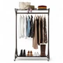 Black Heavy-Duty Steel Clothes Rail with Top & Bottom Shelves, Wheels 150 kg UDL, top detail on a white background, brightly lit product image