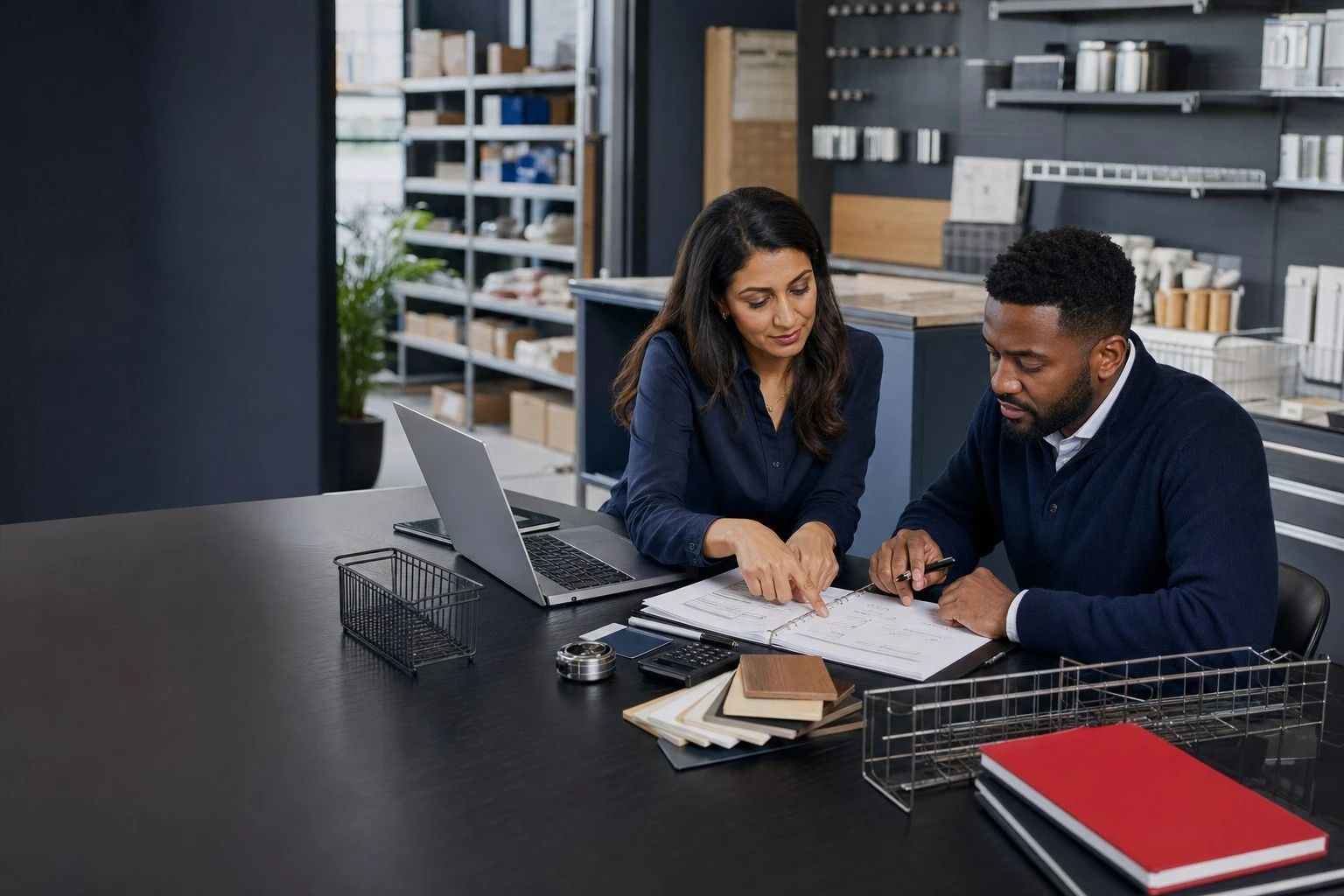 Two colleagues reviewing a trade order and material samples at a showroom counter
