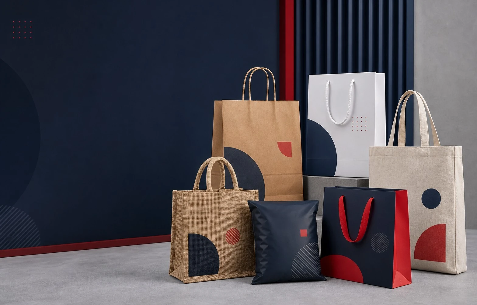 A coordinated collection of paper, reusable and mailing bags in Shoplines navy and red
