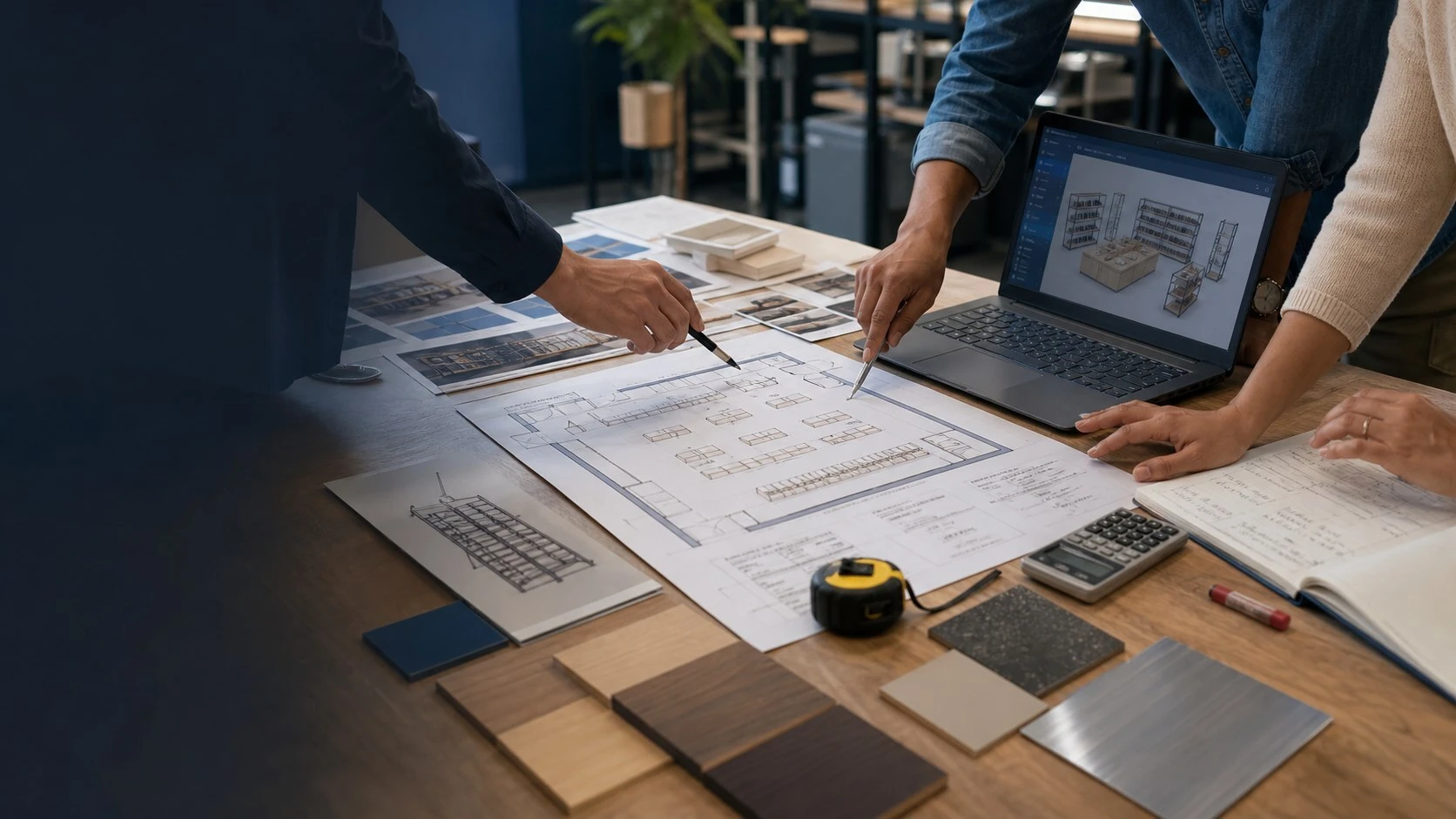 Retail project team reviewing shop floor plans, display fixture sketches and finish samples