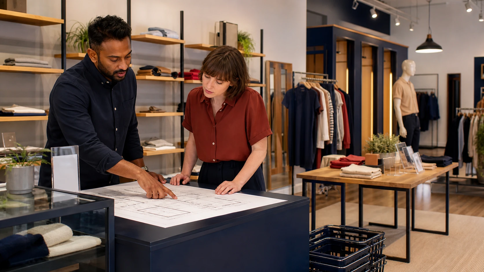 Retail project adviser and shop owner reviewing a floor plan inside a fitted store