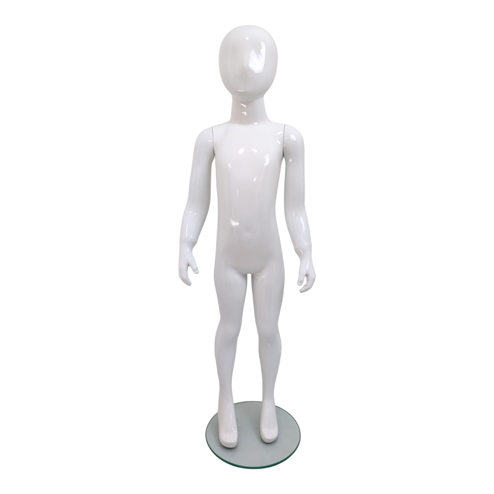 Child’s Fiberglass Egg Head Display Mannequin 116cm Gloss White with Glass Stand