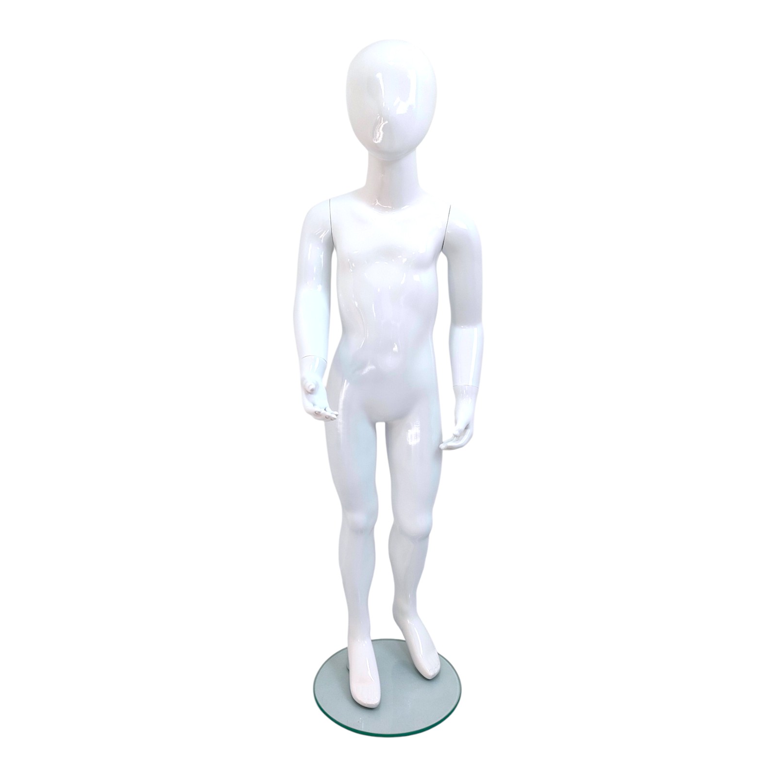 White Child’s Fiberglass Egg Head Display Mannequin 120cm Gloss with Glass Stand