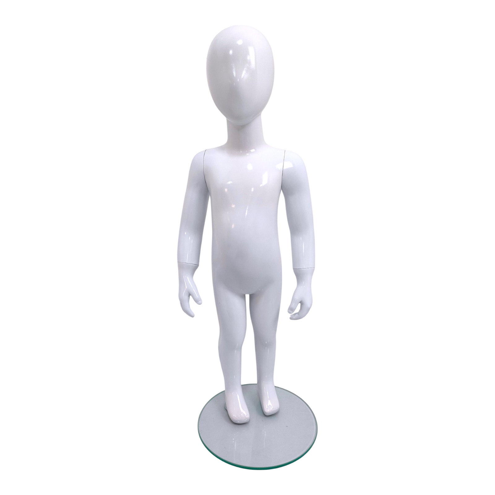 Child’s White Fiberglass Egg Head Display Mannequin 86cm Gloss with Glass Stand