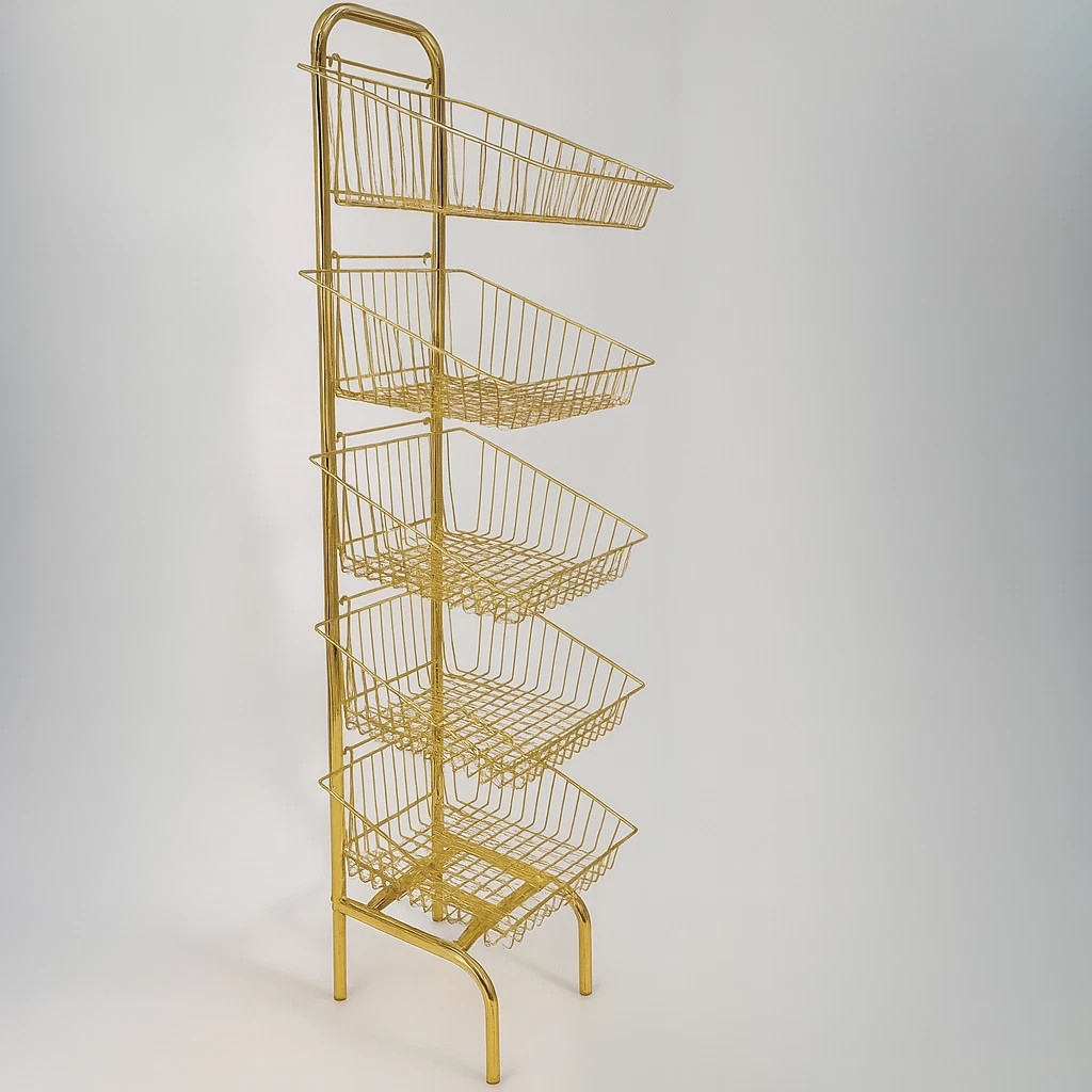 5 Tier Golden Wire Basket Stand–Freestanding Display Rack for Bread,Snacks & More