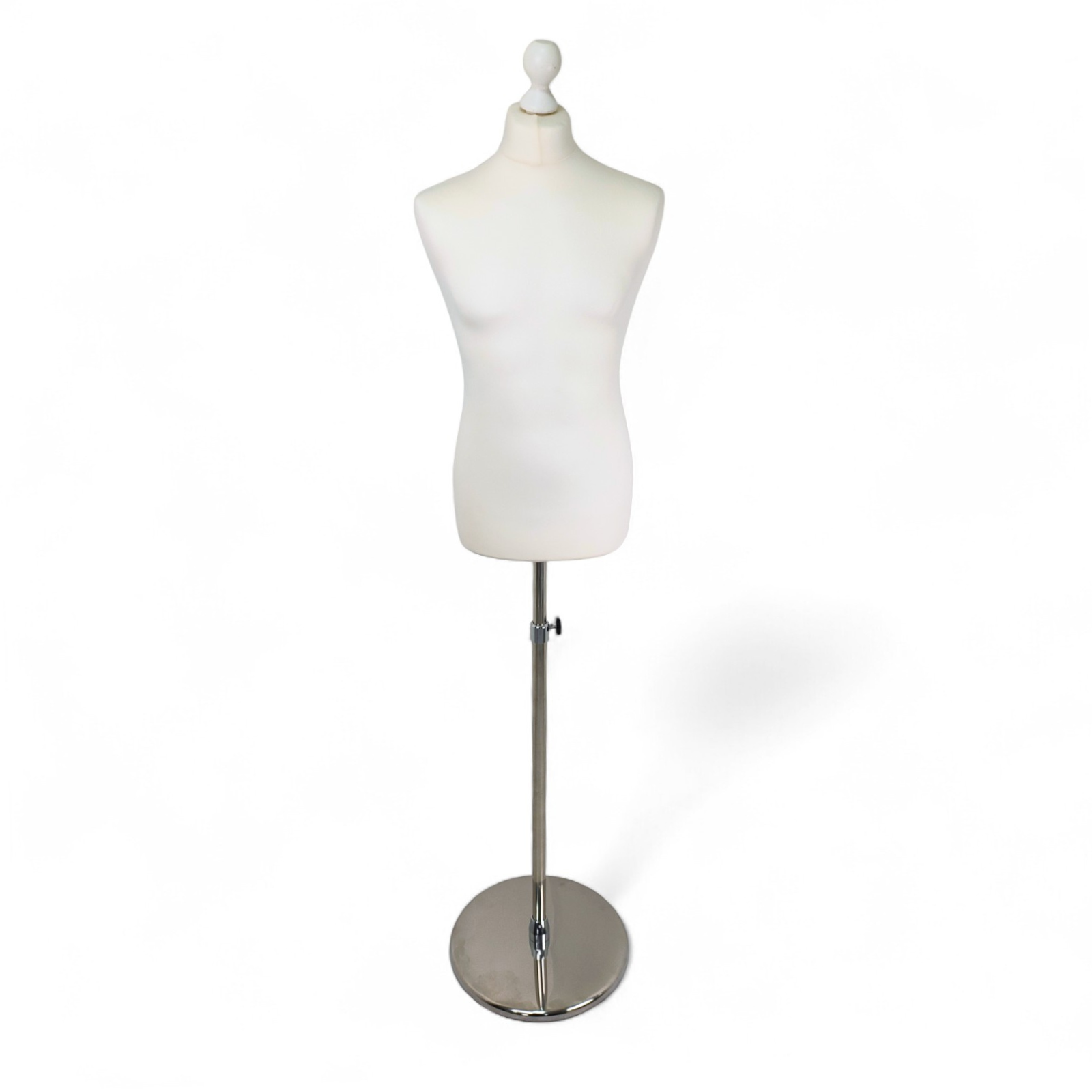 Male Display Bust Tailors Dummy –Adjustable Height, Cream Torso with Chrome Base