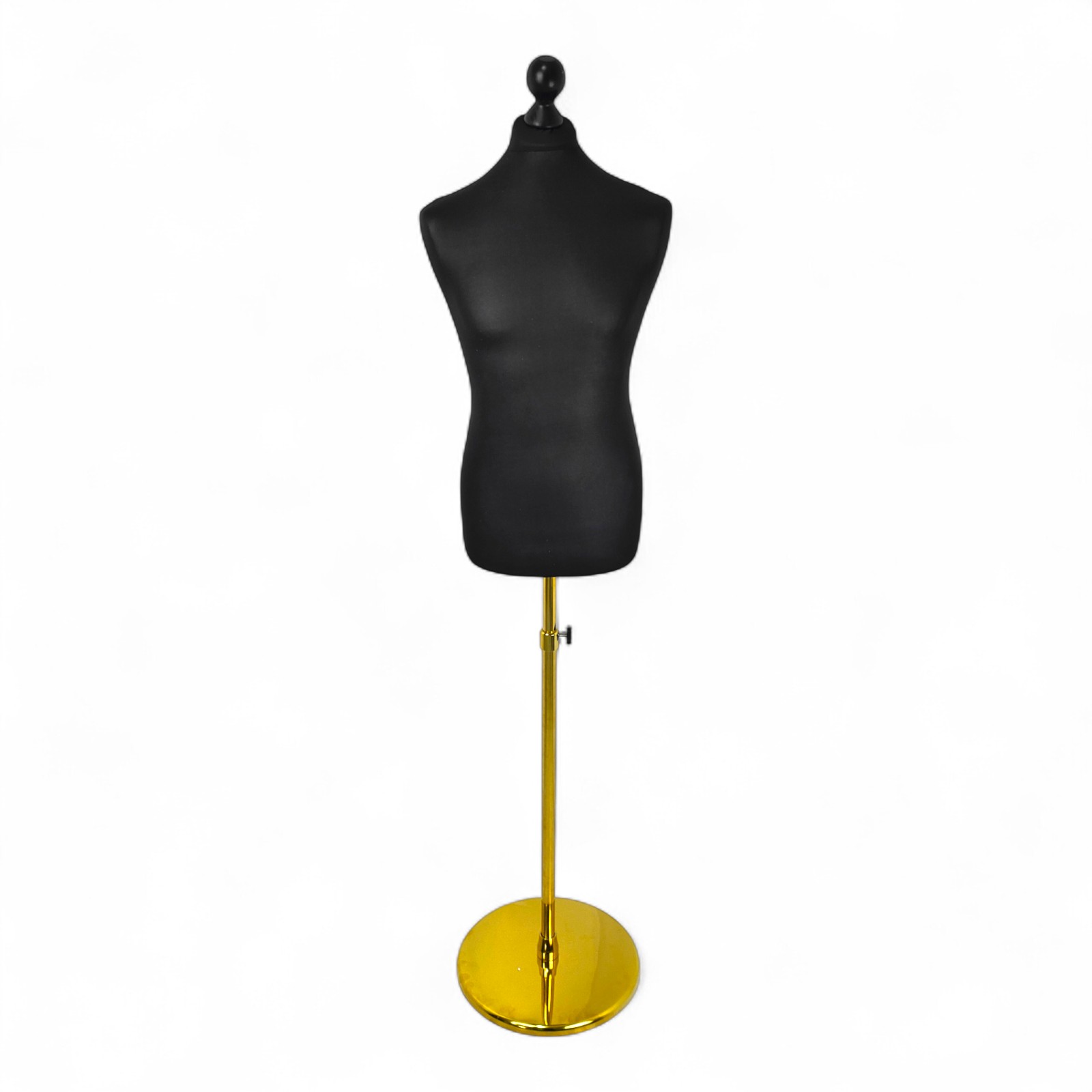 Male Display Bust Tailors Dummy – Adjustable Height, Black Torso with Gold Base