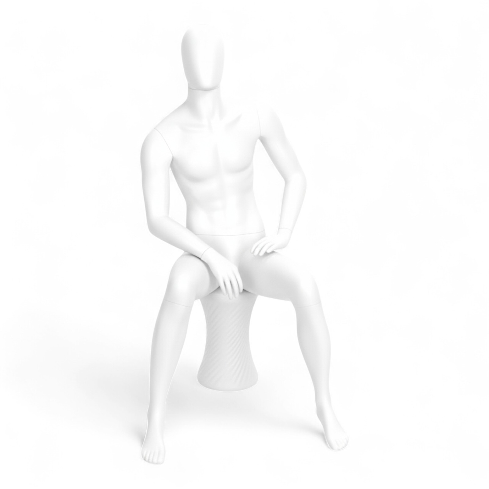 Male Seated Mannequin – Egg Head White Finish – Durable Retail Display with Stool