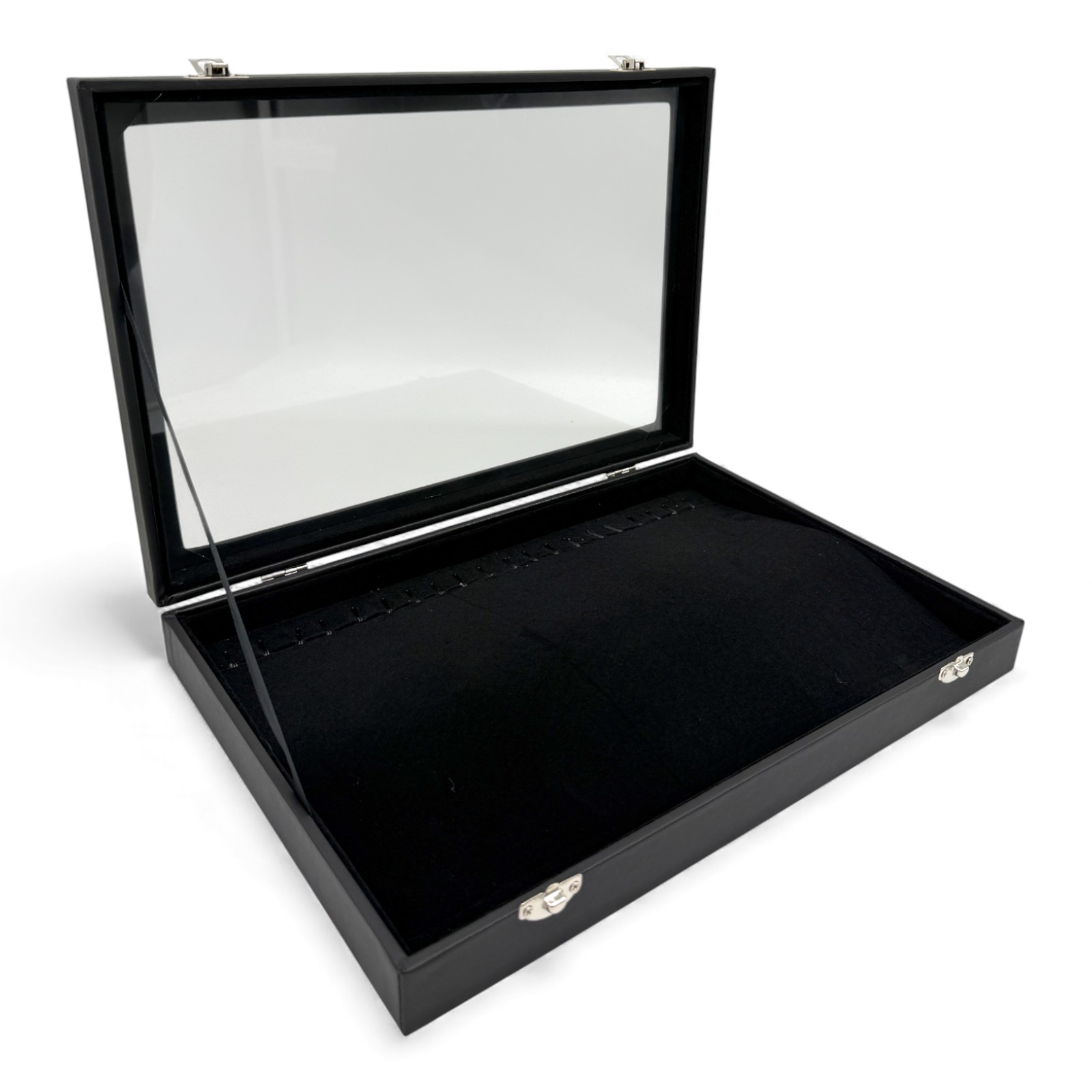 Black Leatherette Glass-Lid Jewelry Box for Chains and Bracelets Storage