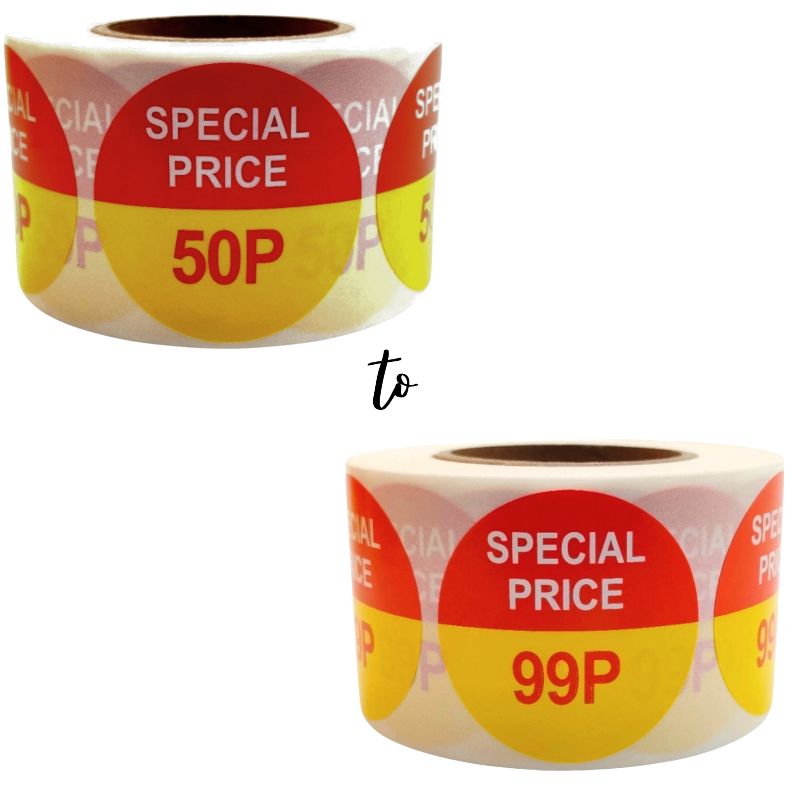 Roll of 500 Special Price Self-Adhesive Stickers – 40mm Retail Labels 50p-99p