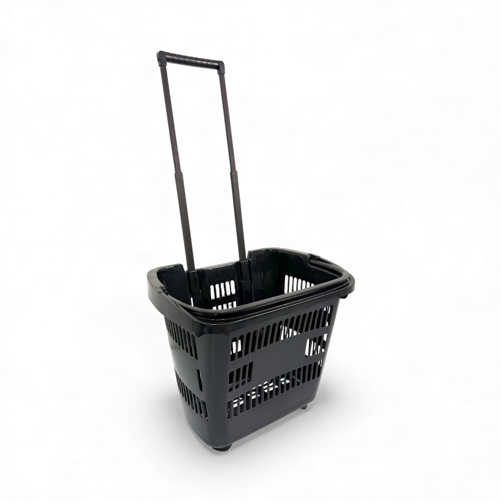 34L Black Trolley Basket w/ Wheels & Handle – Heavy Duty Plastic Shopping Cart